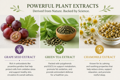 Green Tea Extract, Grape Seed Extract, Chamomile Extact