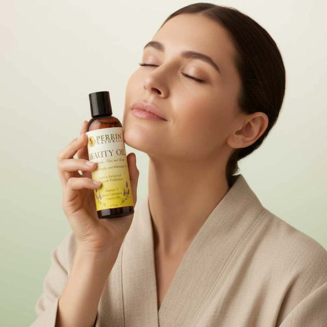 Woman with Beauty Oil Perrin Naturals